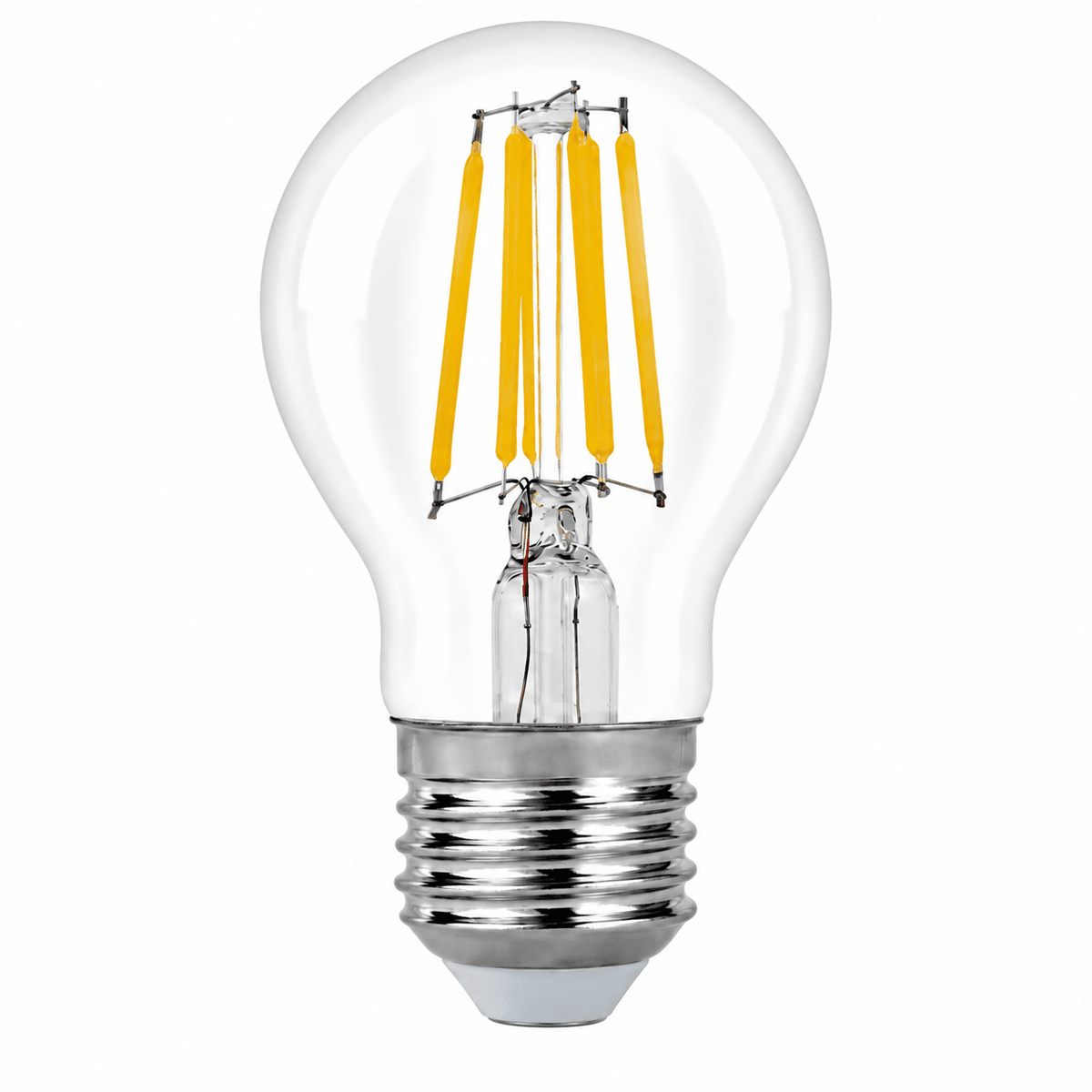 Clear A55 filament bulb with yellow filaments and a silver base, set against a white background.