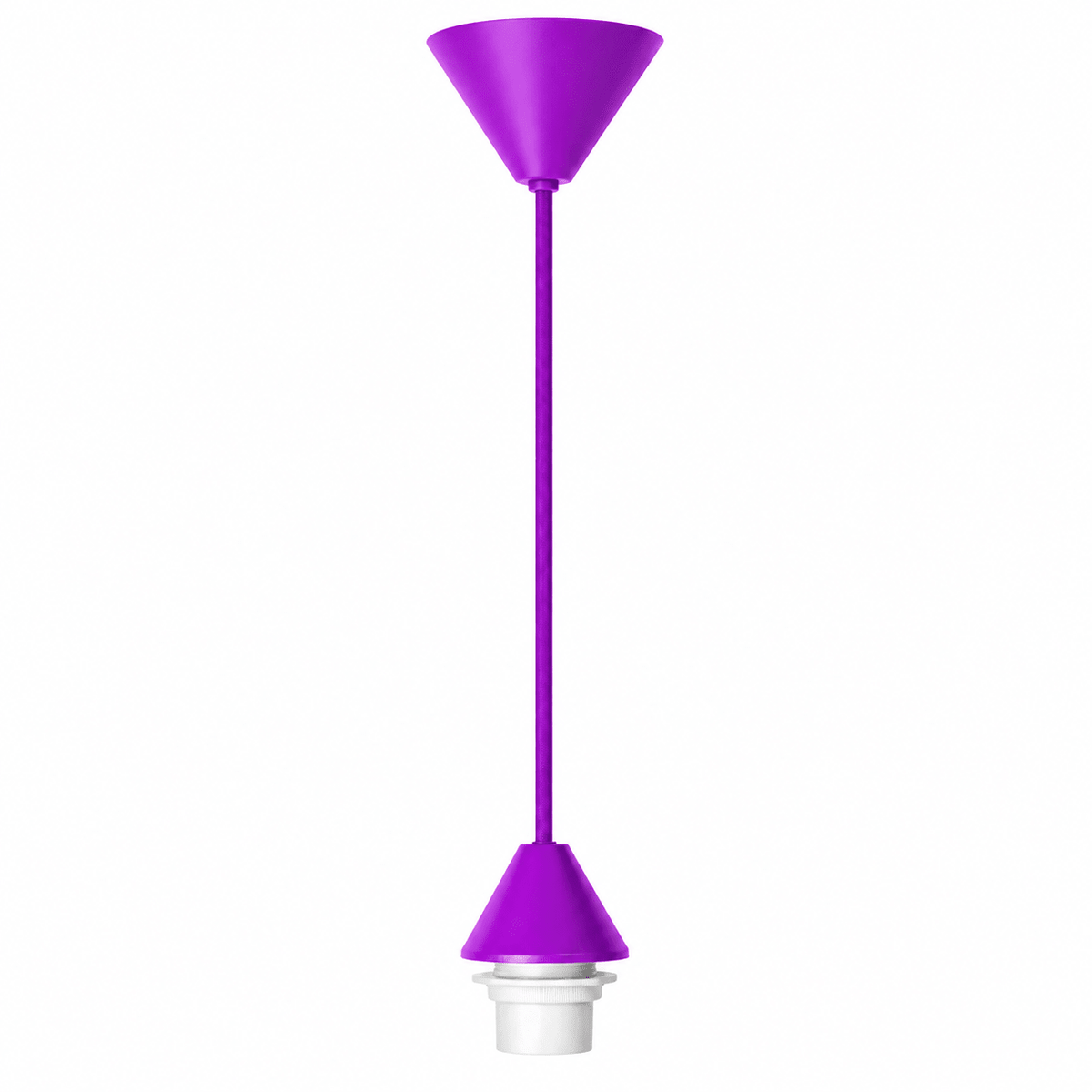 Purple conical ceiling rose kit with a long cord and white lamp holder, set against a white background.