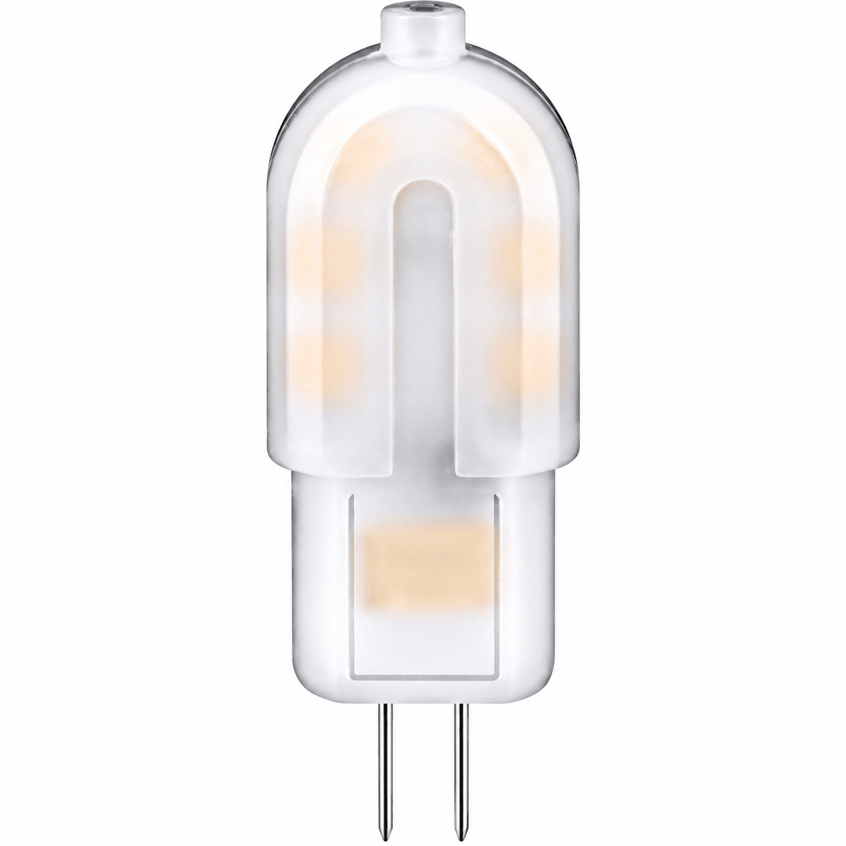 Clear G4 capsule LED bulb with two visible light sources, featuring a rounded top and two metal pins at the base.