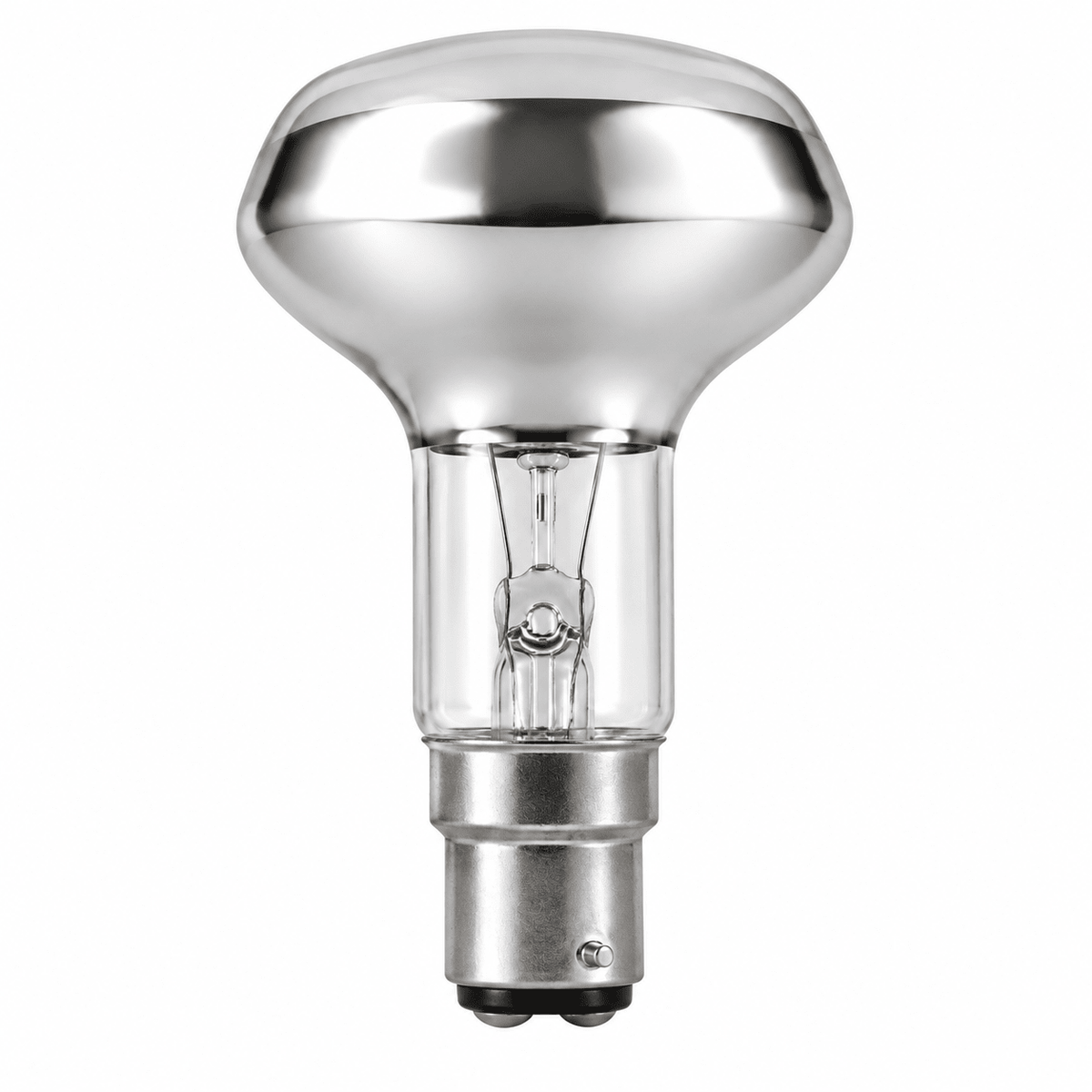 A clear glass LED bulb with a silver base, featuring a rounded top and visible filament inside.