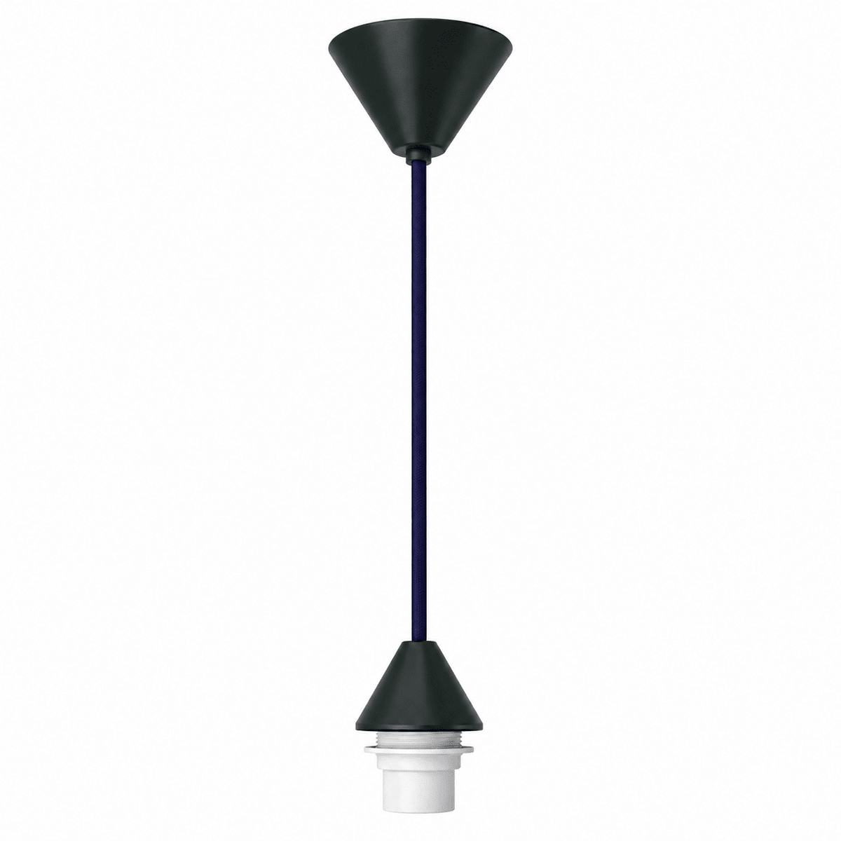 Black conical ceiling rose with a purple cord and white lamp holder, vertically oriented against a white background.