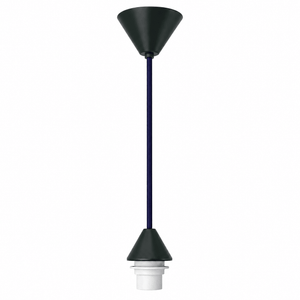 Black conical ceiling rose with a purple cord and white lamp holder, vertically oriented against a white background.
