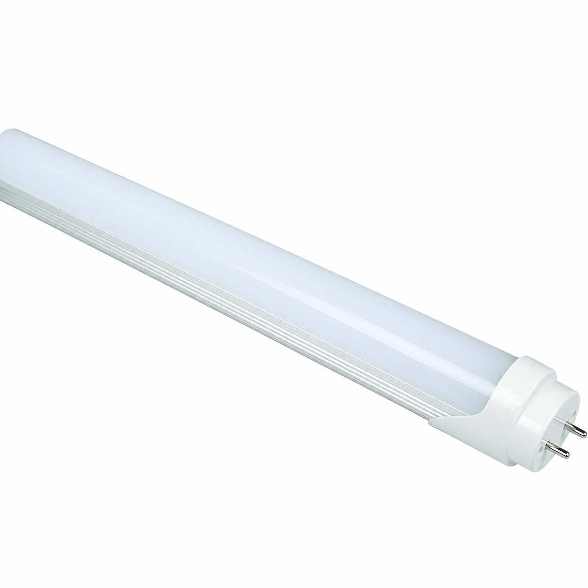 Frosted T8 LED tube light with a white plastic end cap and two metal pins, positioned diagonally on a white background.