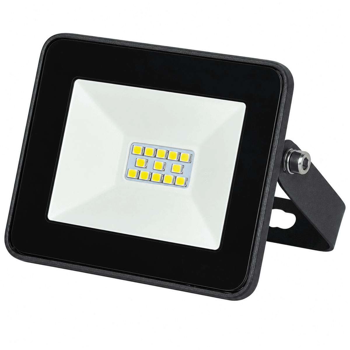 A square LED flood light with a black frame and a white lens, featuring multiple small yellow bulbs arranged in a grid.
