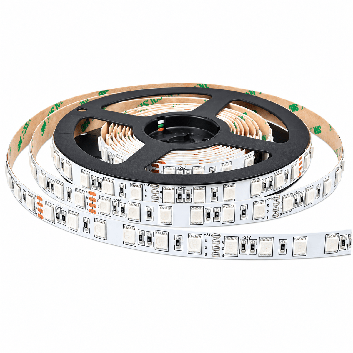 A coiled RGB LED strip light on a black reel, featuring white circuit board with multiple LED sections.
