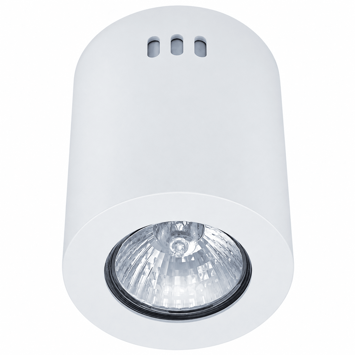 Round white LED GU10 surface-mounted downlight holder with a clear glass bulb and ventilation slots on top.