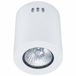 Round white LED GU10 surface-mounted downlight holder with a clear glass bulb and ventilation slots on top.