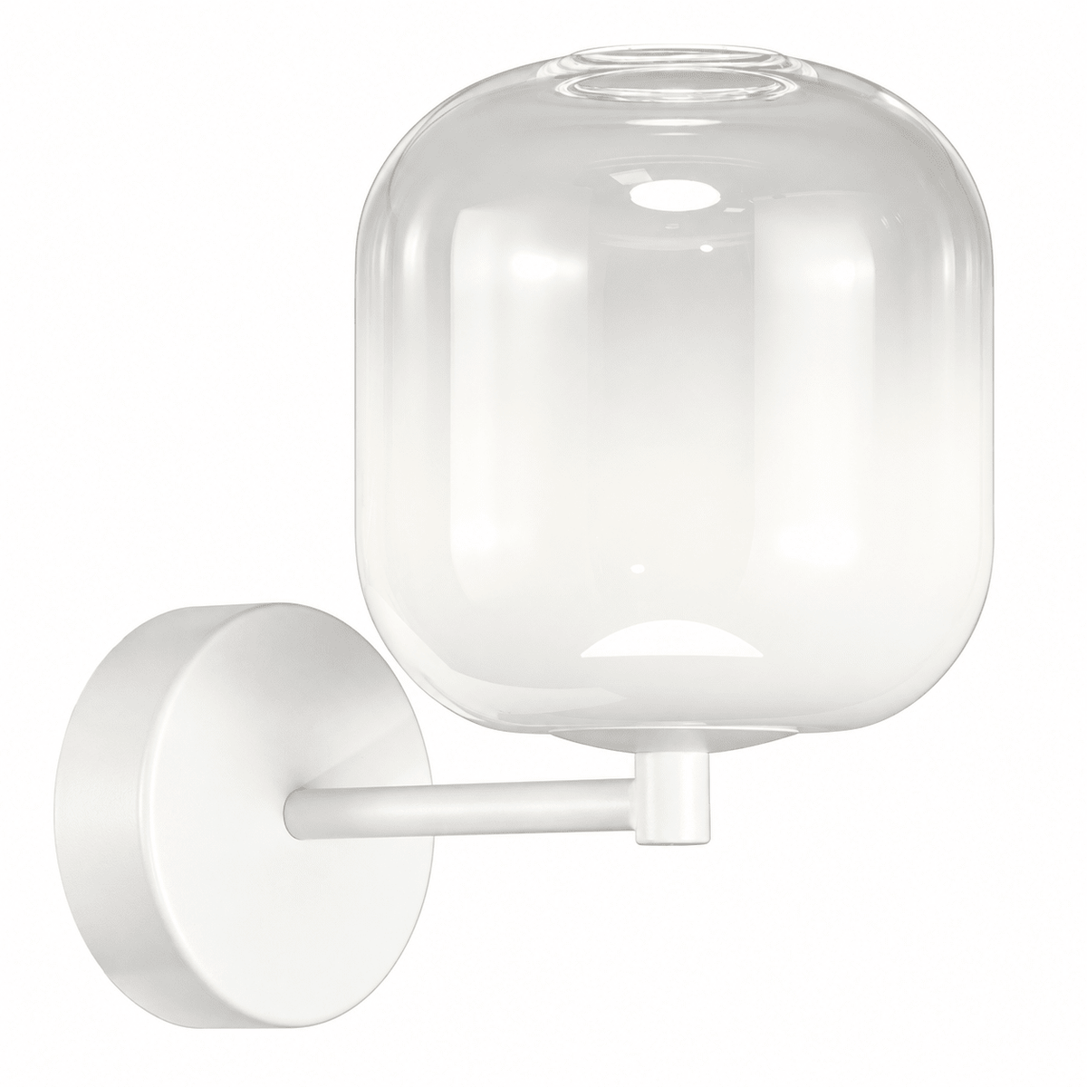 A white wall-mounted light fixture with a rounded glass shade and a circular base.