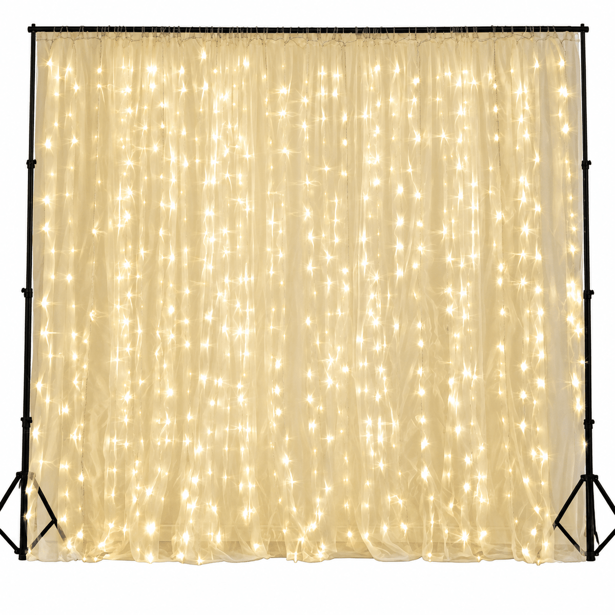A curtain of warm white LED lights draped over a black frame, creating a sparkling effect.