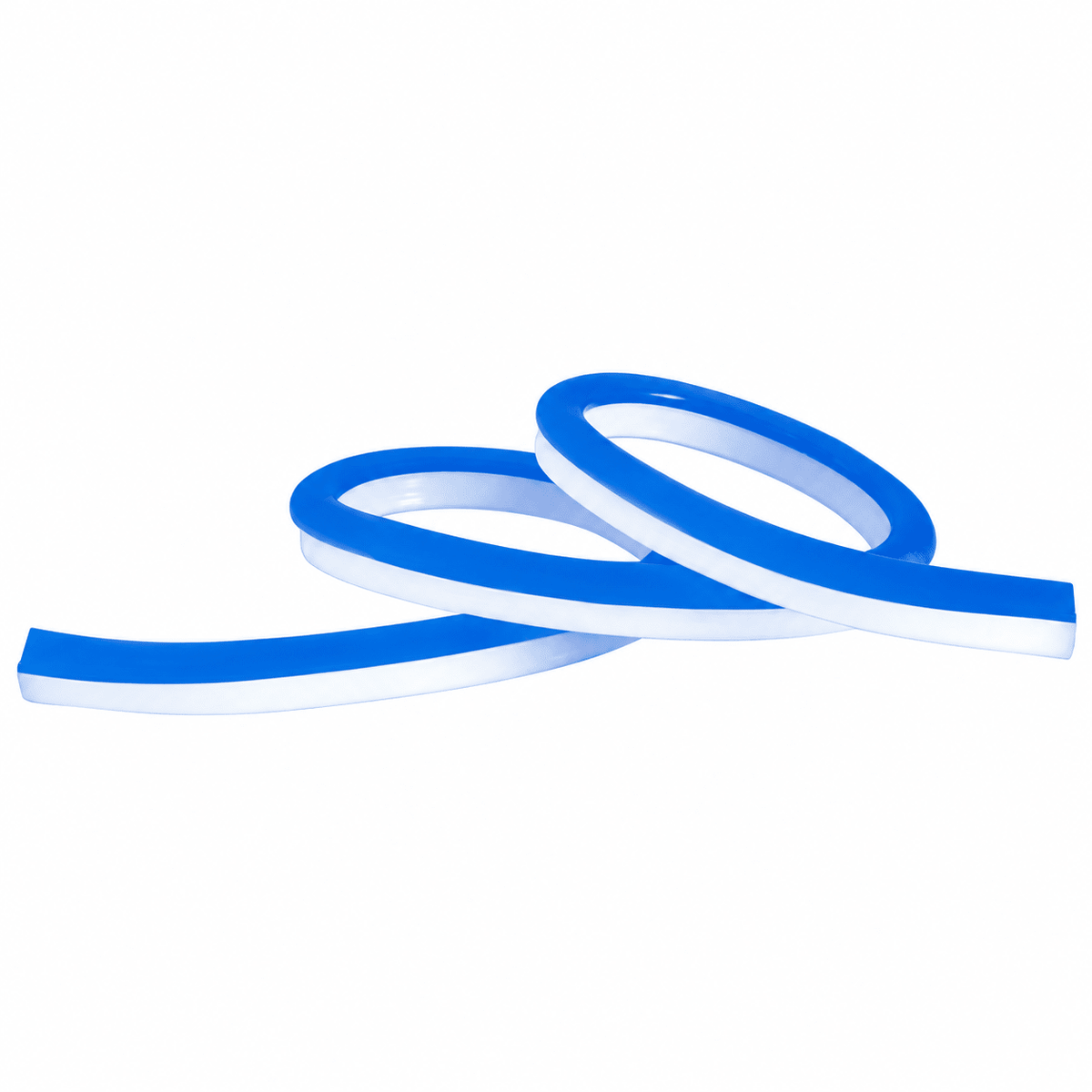 Blue LED neon flex tubing arranged in loops and curves on a white background.