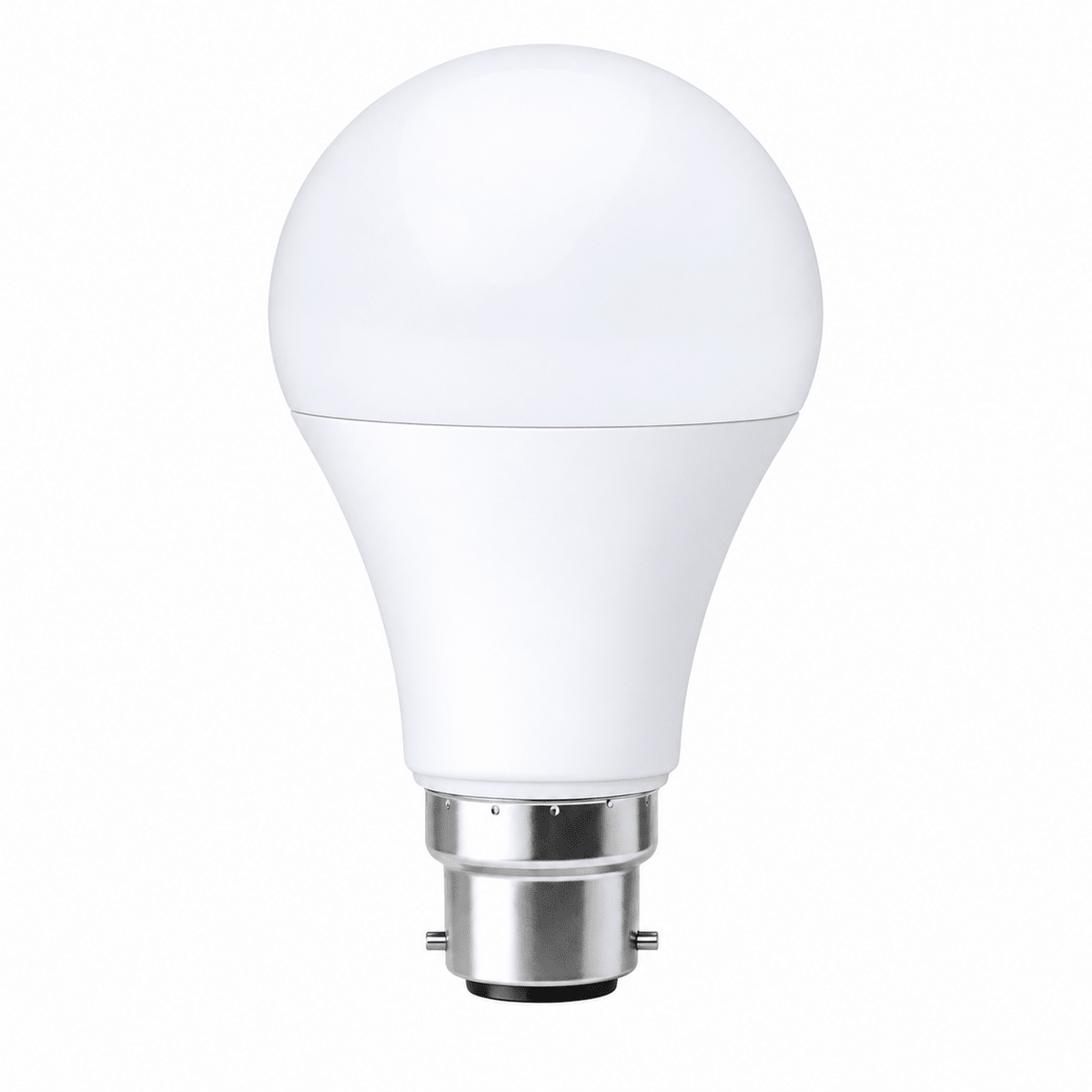 A 15W LED bulb with a rounded top and a B22 base, featuring a smooth white finish and a metallic connector.