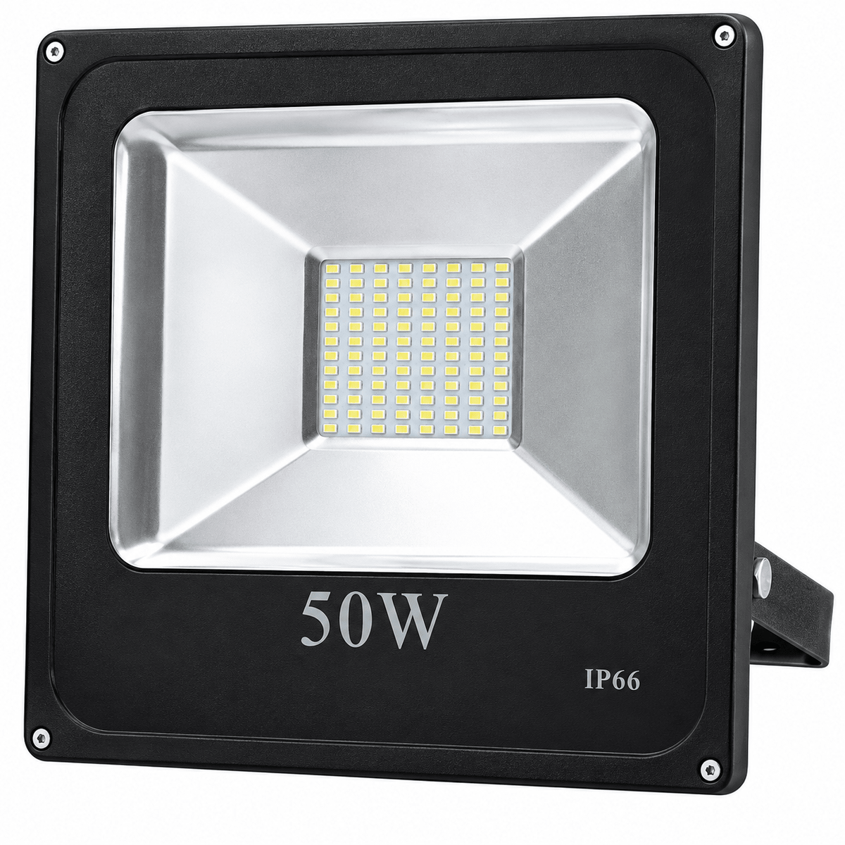 A 50W LED flood light with a black frame and silver reflector, featuring a grid of small yellow bulbs.