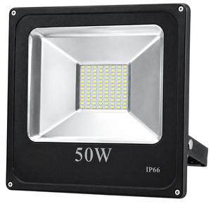 A 50W LED flood light with a black frame and silver reflector, featuring a grid of small yellow bulbs.