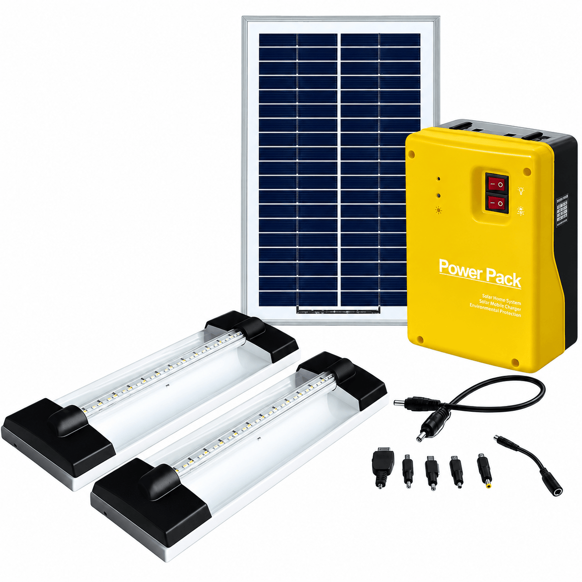 A solar panel, a yellow power pack, two LED light fixtures, and various connectors arranged on a white background.
