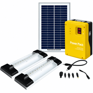 A solar panel, a yellow power pack, two LED light fixtures, and various connectors arranged on a white background.