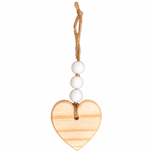 A plain wooden heart ornament with a natural finish, hanging from a jute twine with three white beads.