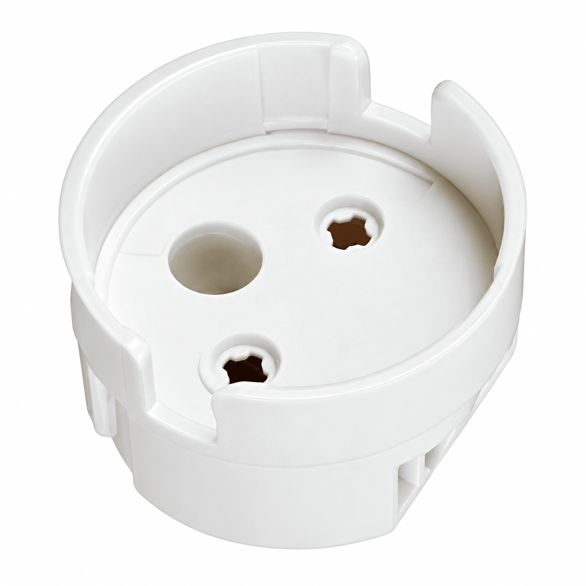 White plastic LED T8 tube end cap connector with two openings and a circular design, viewed from above.