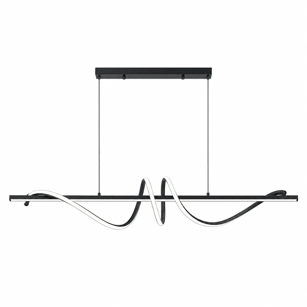 A black LED pendant light with a wavy design, featuring a sleek finish and white accents, suspended from a black ceiling mount.