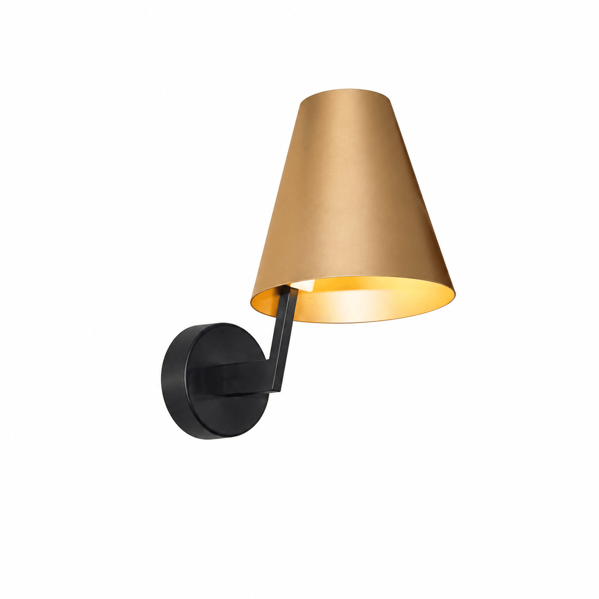 A wall-mounted light fixture with a black base and a gold conical shade, featuring a smooth finish.