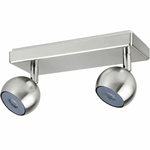 A chrome-finished light fixture with two round, adjustable spotlights mounted on a rectangular base.
