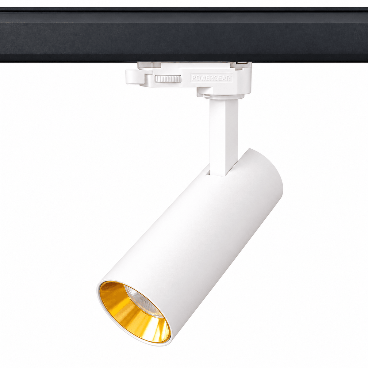 A white cylindrical track light with a gold inner finish, mounted on a black track.