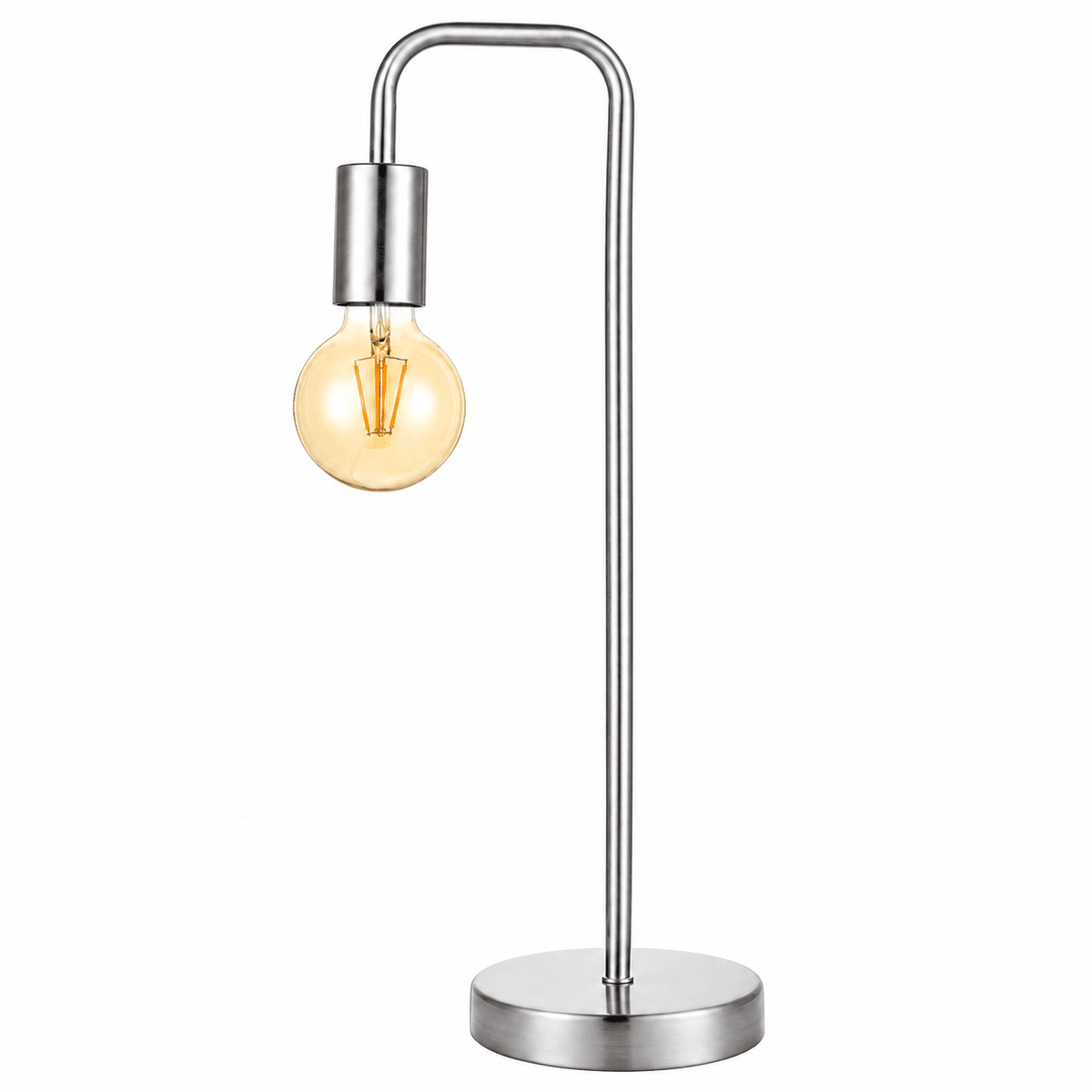 Sleek metal table lamp in satin chrome finish with a round base and exposed bulb design.