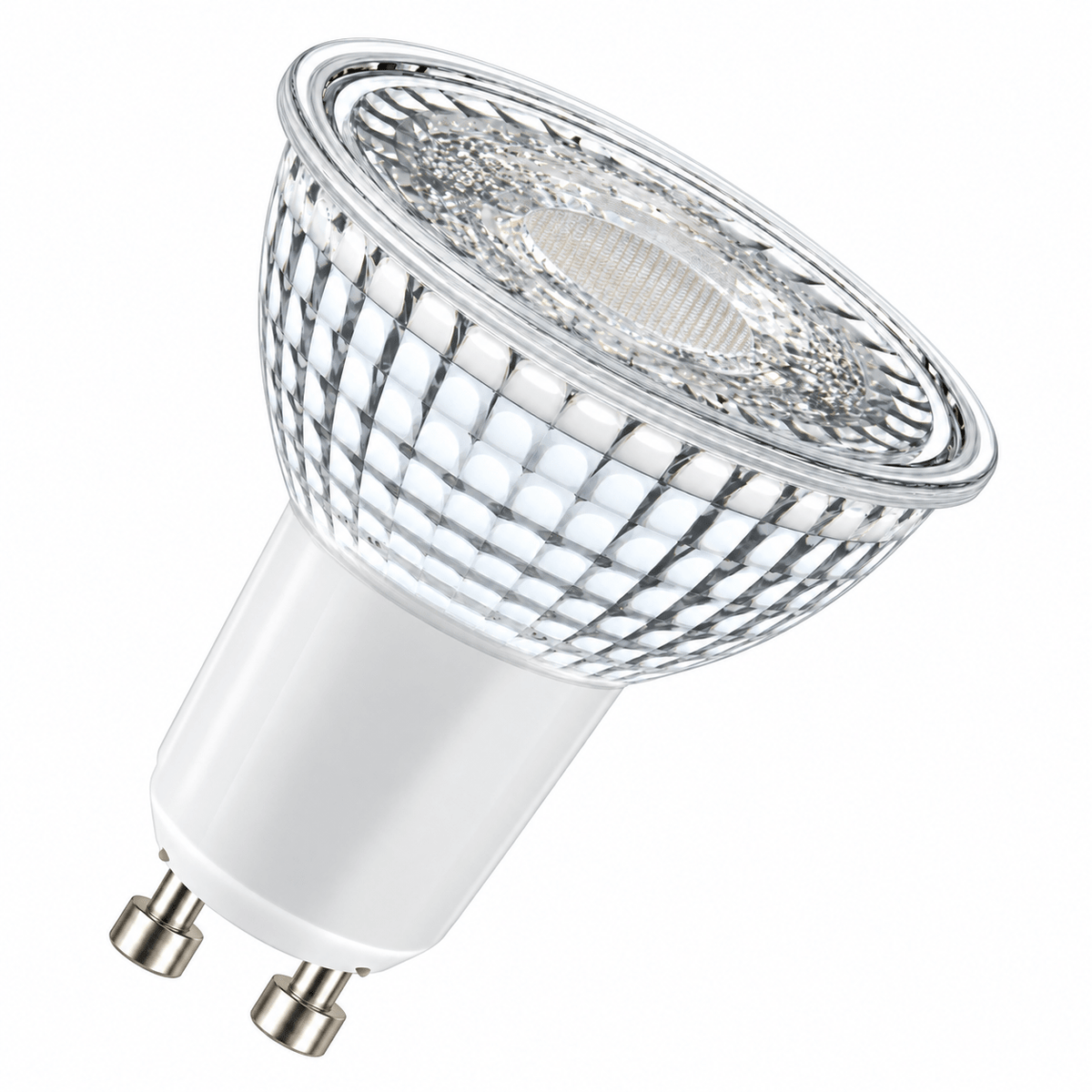 A GU10 LED downlight with a clear, textured glass cover and a white base, featuring two metal pins.