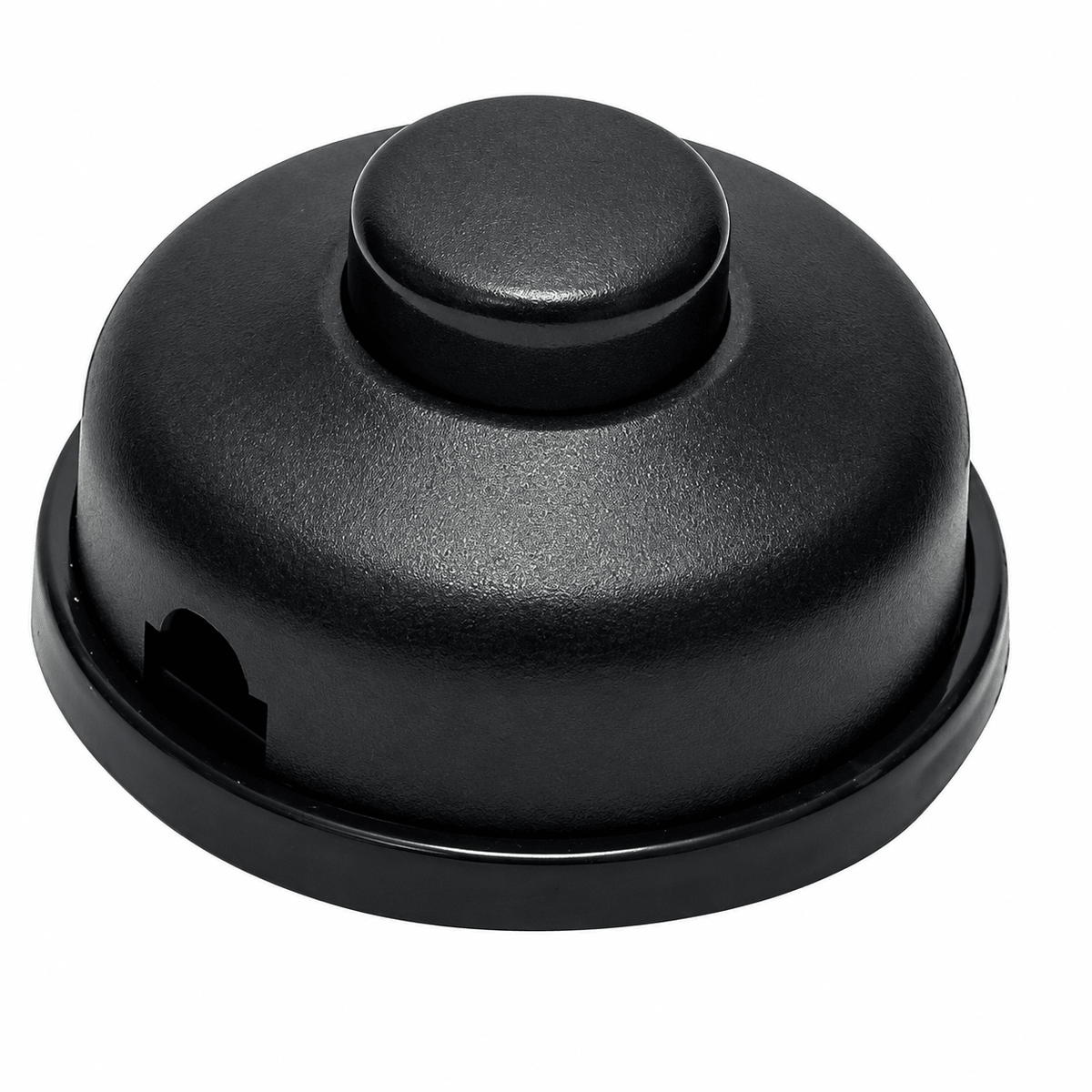 Black inline lamp foot switch with a rounded top and a textured finish, featuring a side opening.
