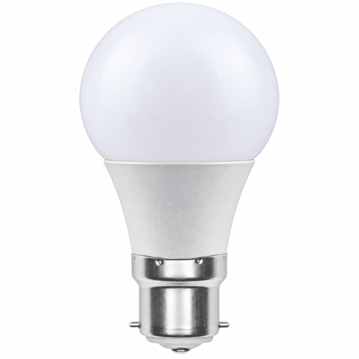 A 10W dimmable A60 LED bulb with a round white glass top and a silver B22 base.