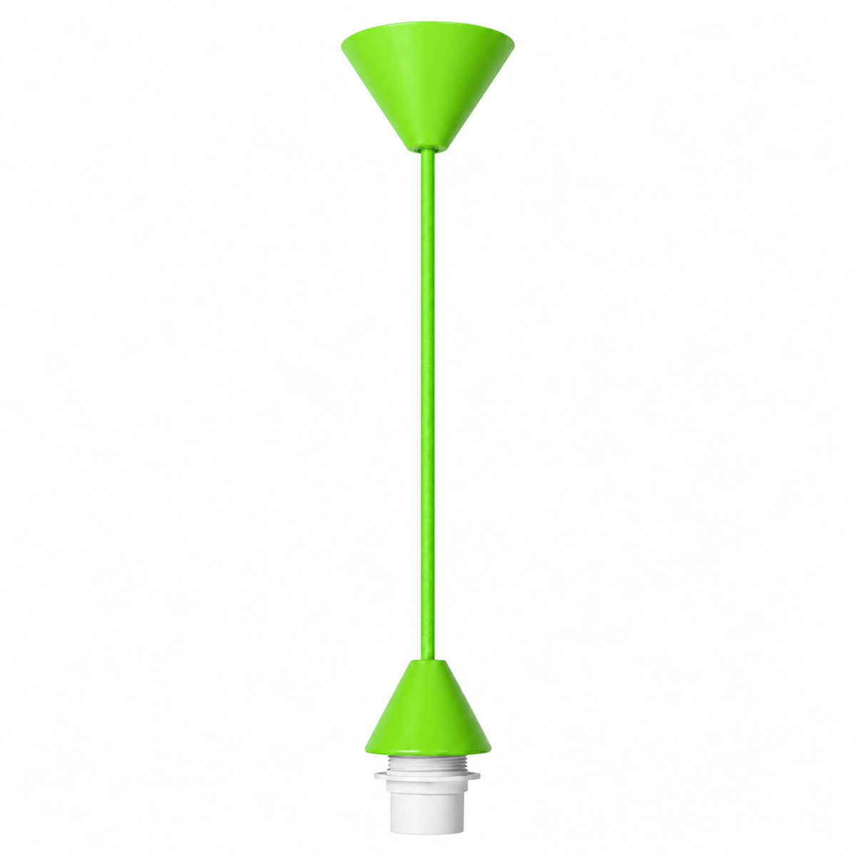 Green conical ceiling rose kit with a matching cord and white lamp holder, set against a white background.