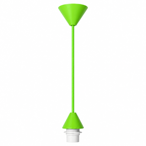Green conical ceiling rose kit with a matching cord and white lamp holder, set against a white background.