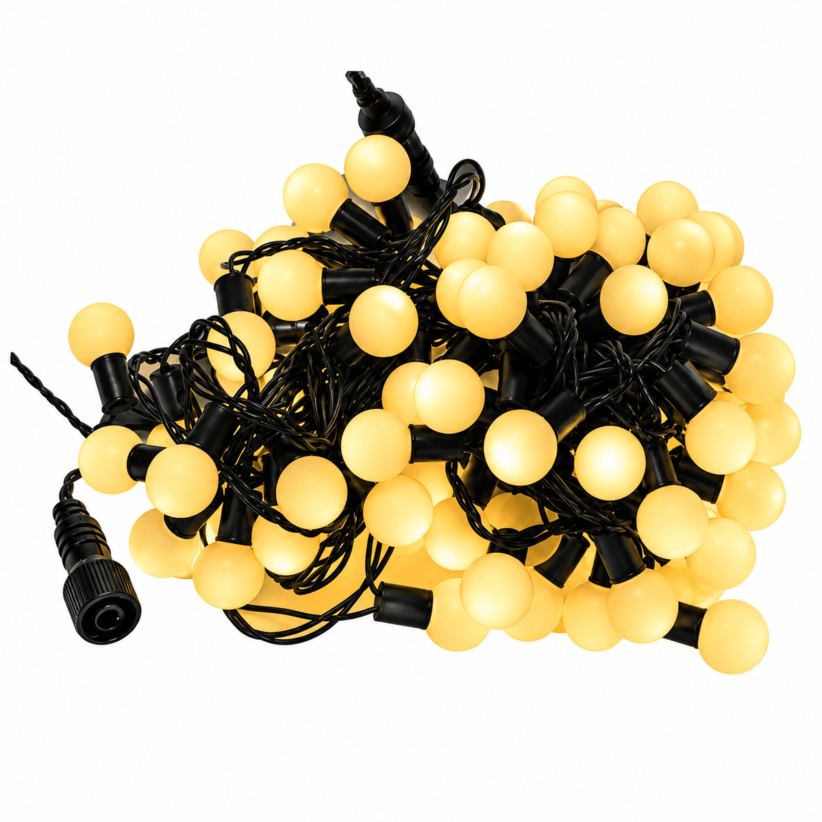 A tangled arrangement of yellow LED ball string lights with black wiring and connectors.