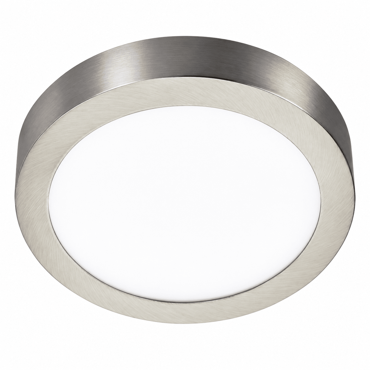 Round LED ceiling light with a chrome finish and a white diffuser, featuring a brushed metal edge.