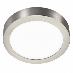 Round LED ceiling light with a chrome finish and a white diffuser, featuring a brushed metal edge.