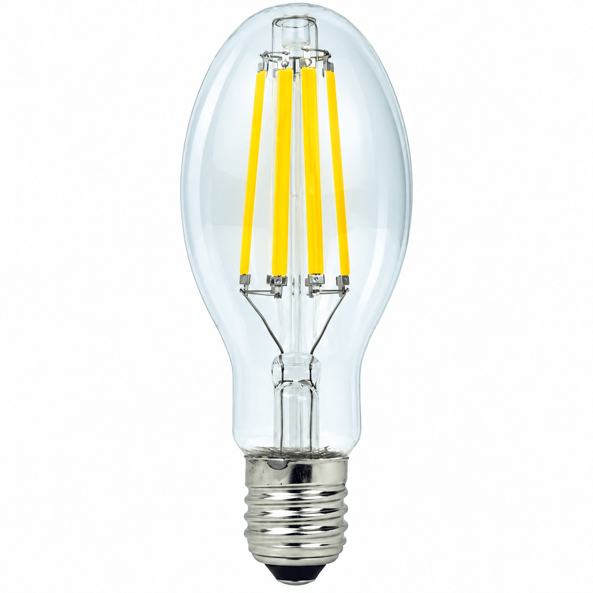 Clear glass LED bulb with a silver base and four yellow filament-like elements inside.