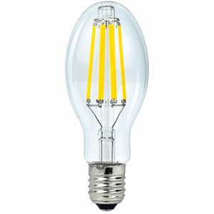 Clear glass LED bulb with a silver base and four yellow filament-like elements inside.