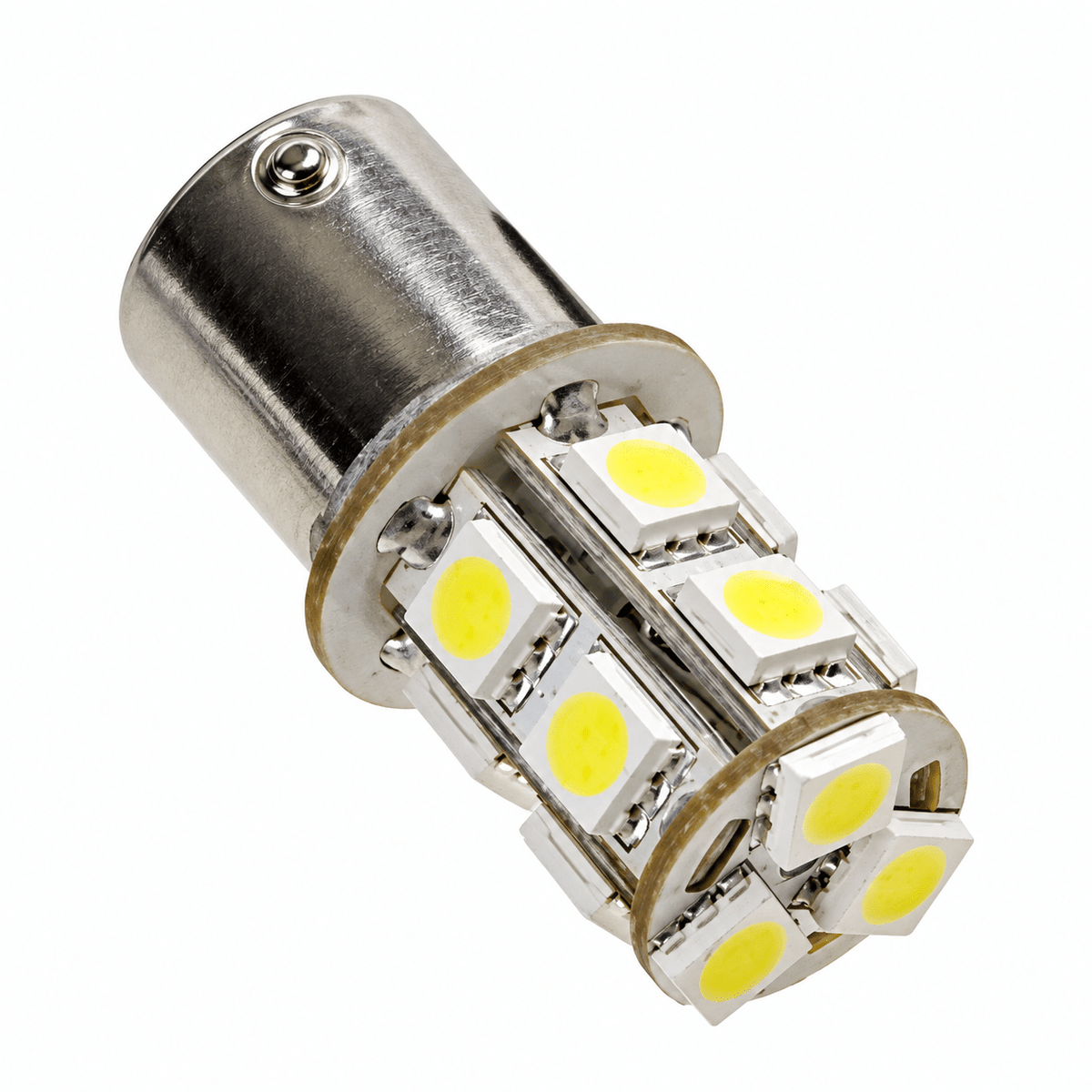 Close-up of a BAY15D LED car light bulb with a metallic base and multiple yellow LED chips arranged around the sides.