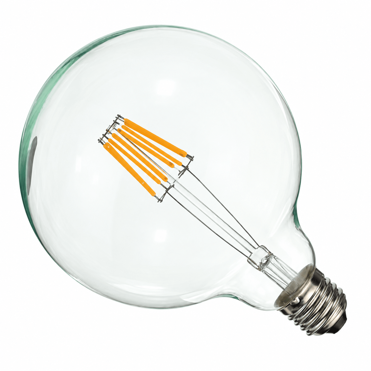Clear opalina filament LED bulb with a silver B22 base and orange filament, set against a white background.