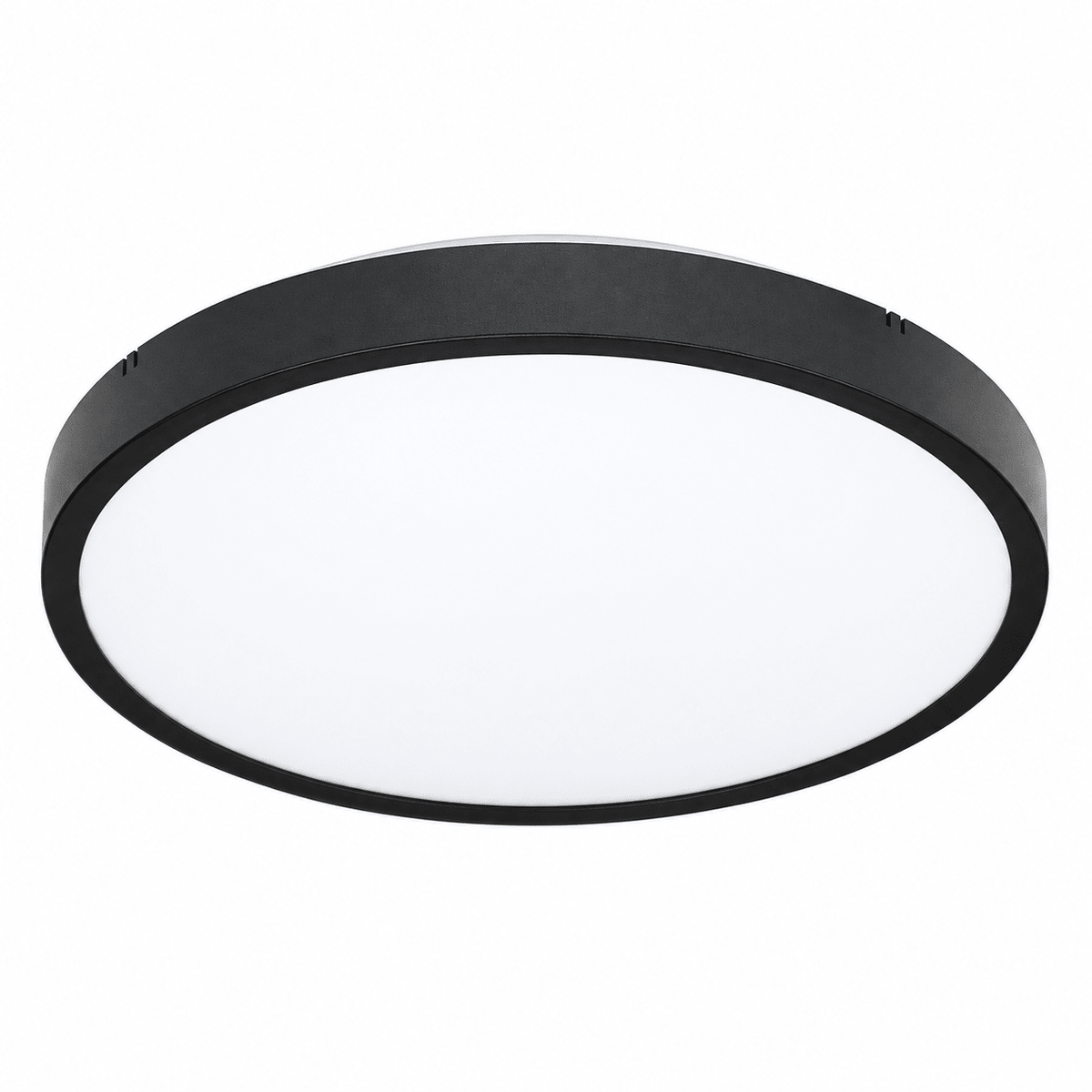 A round ceiling light with a black metal frame and a white frosted glass diffuser.