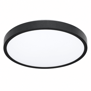 A round ceiling light with a black metal frame and a white frosted glass diffuser.