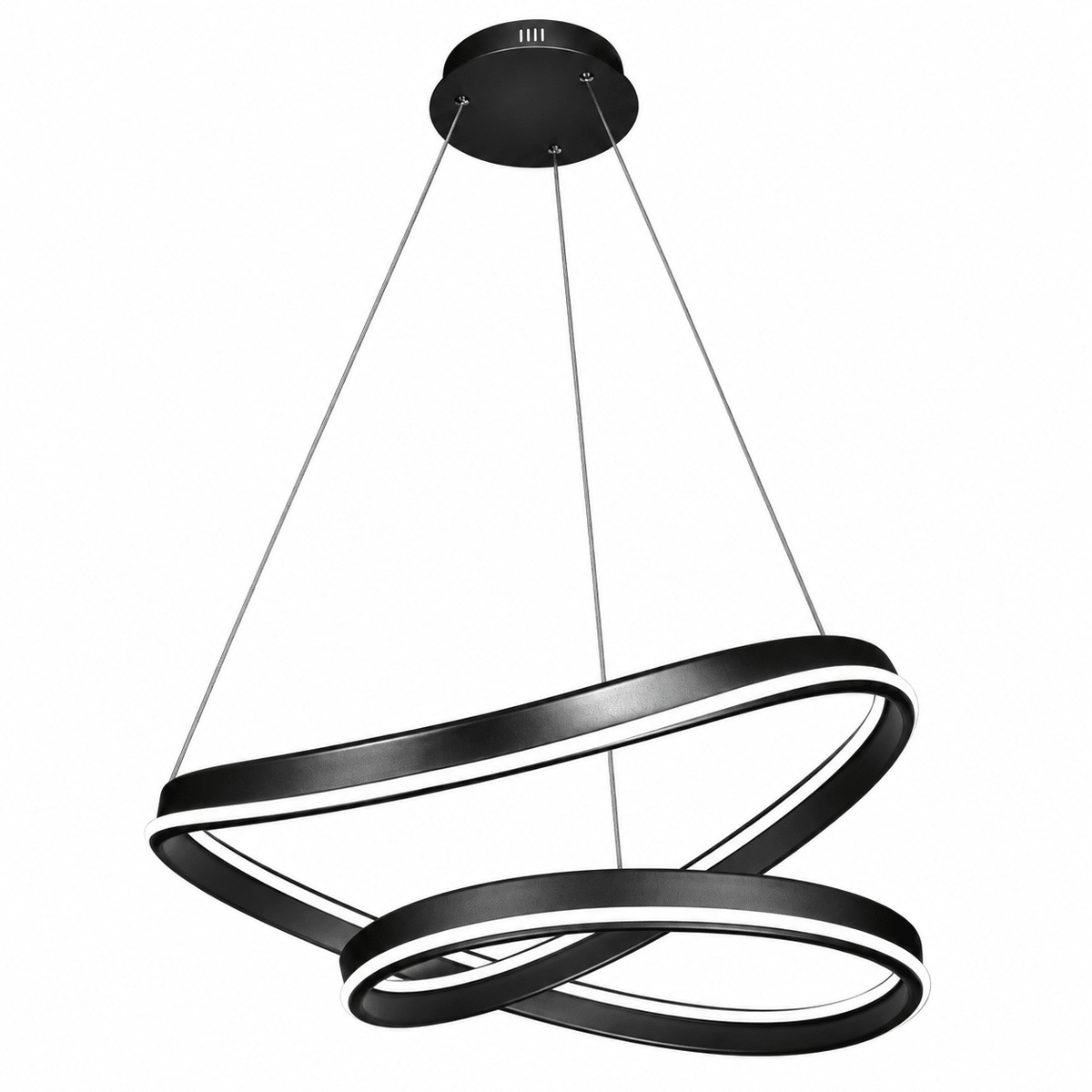 Black pendant light with two intertwined rings, featuring a sleek finish and illuminated edges, suspended from a ceiling mount.