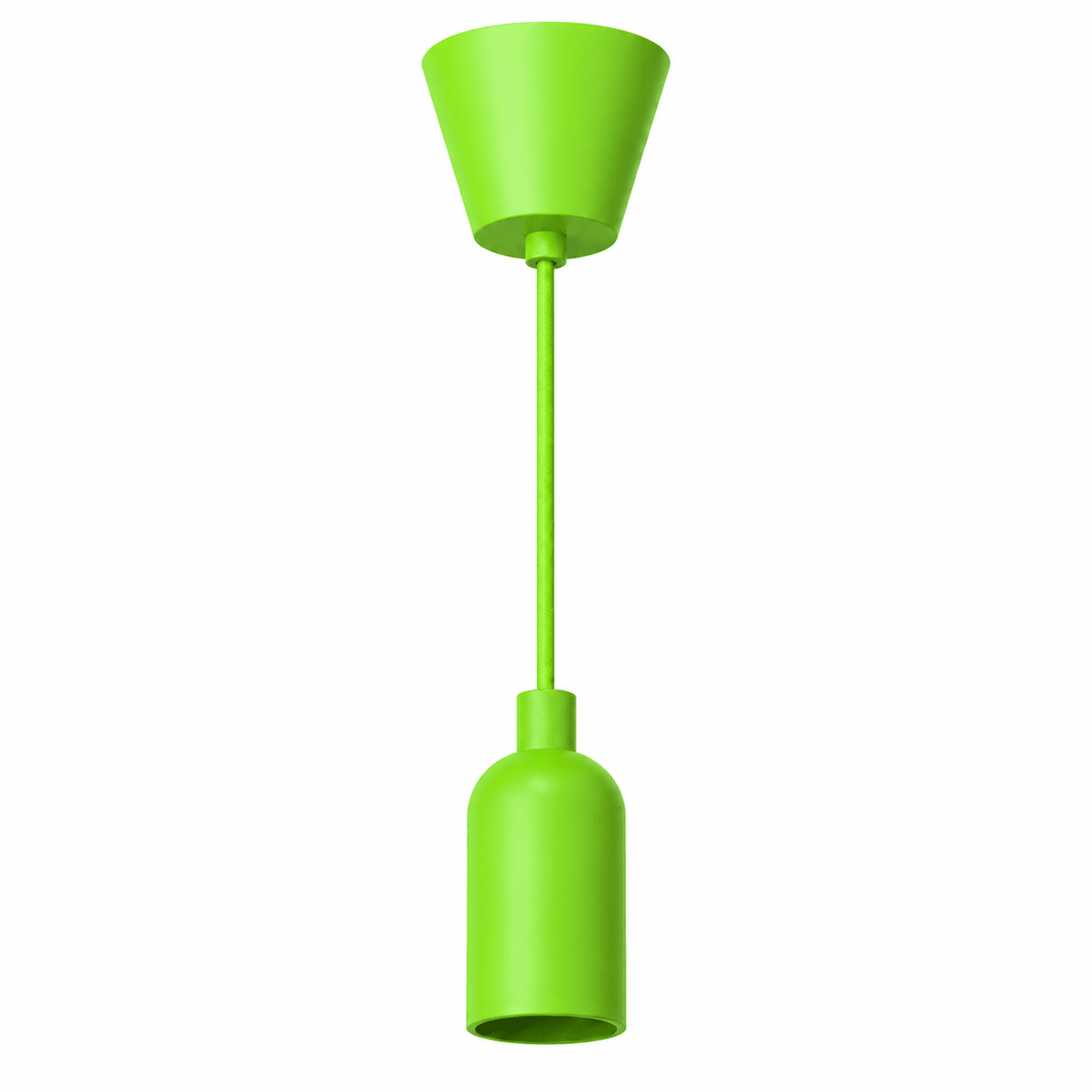 Green silicone pendant lamp with a conical ceiling rose and cylindrical lamp cup, suspended by a matching cord.