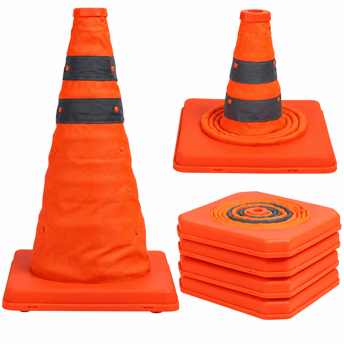 An orange traffic cone with black stripes, placed on a square base, alongside a stack of flat bases.