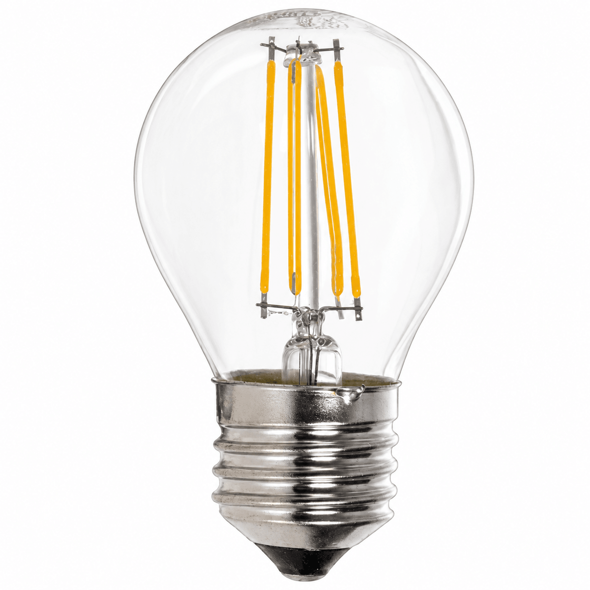 Clear glass bulb with a silver B22 base and four yellow filament strands inside.