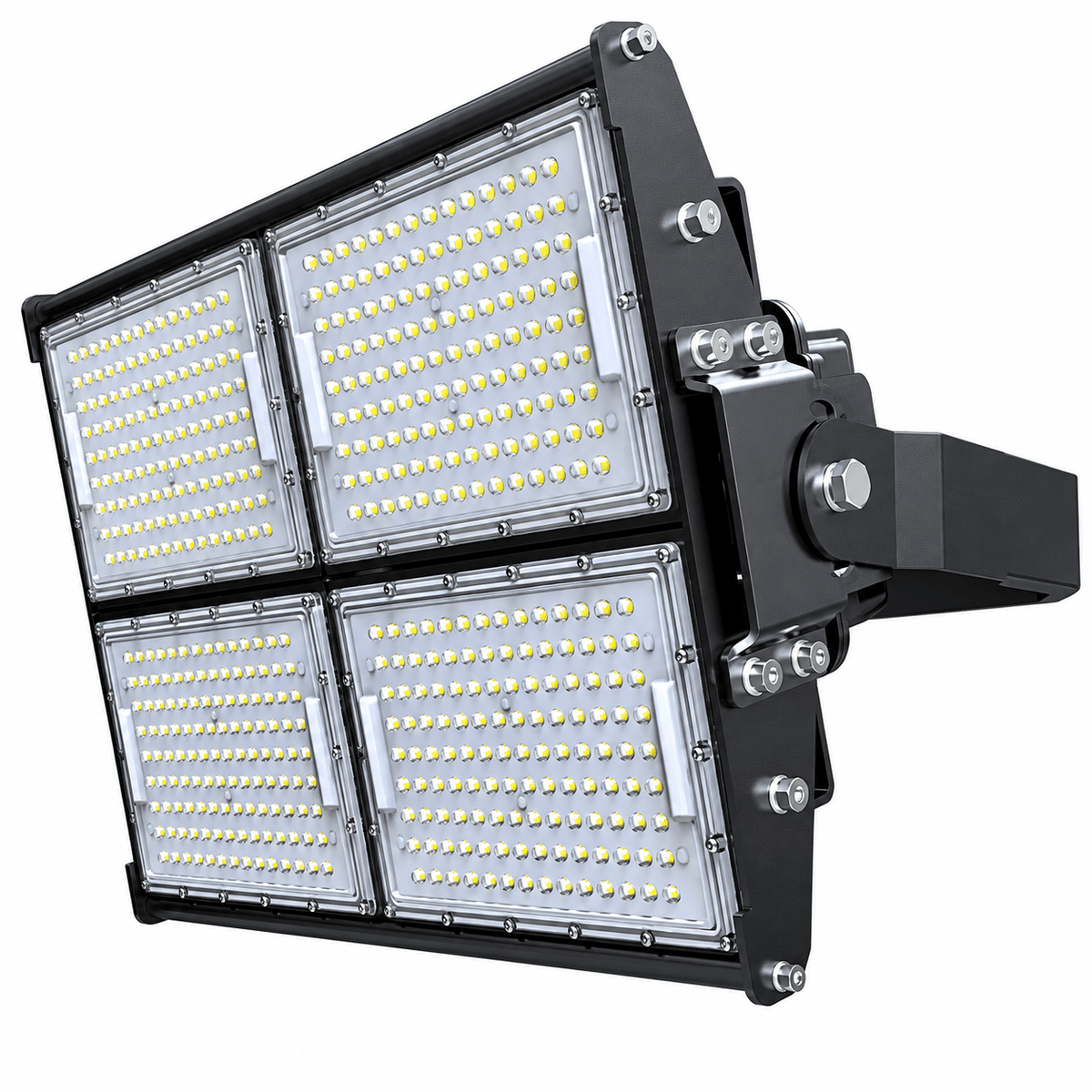 LED floodlight with four panels, black metal frame, and clear lens, showcasing numerous small LED bulbs.