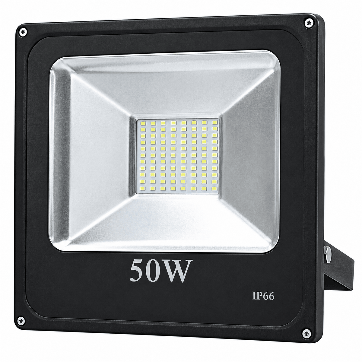 A black LED flood light with a silver reflector, displaying "50W" and "IP66" on the front.