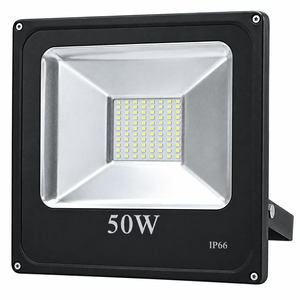 A black LED flood light with a silver reflector, displaying "50W" and "IP66" on the front.