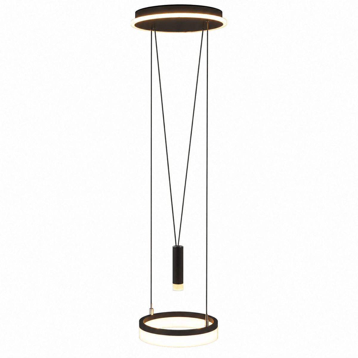 Black circular pendant light with top and bottom rings, suspended by cables and a hanging cylinder, against white background