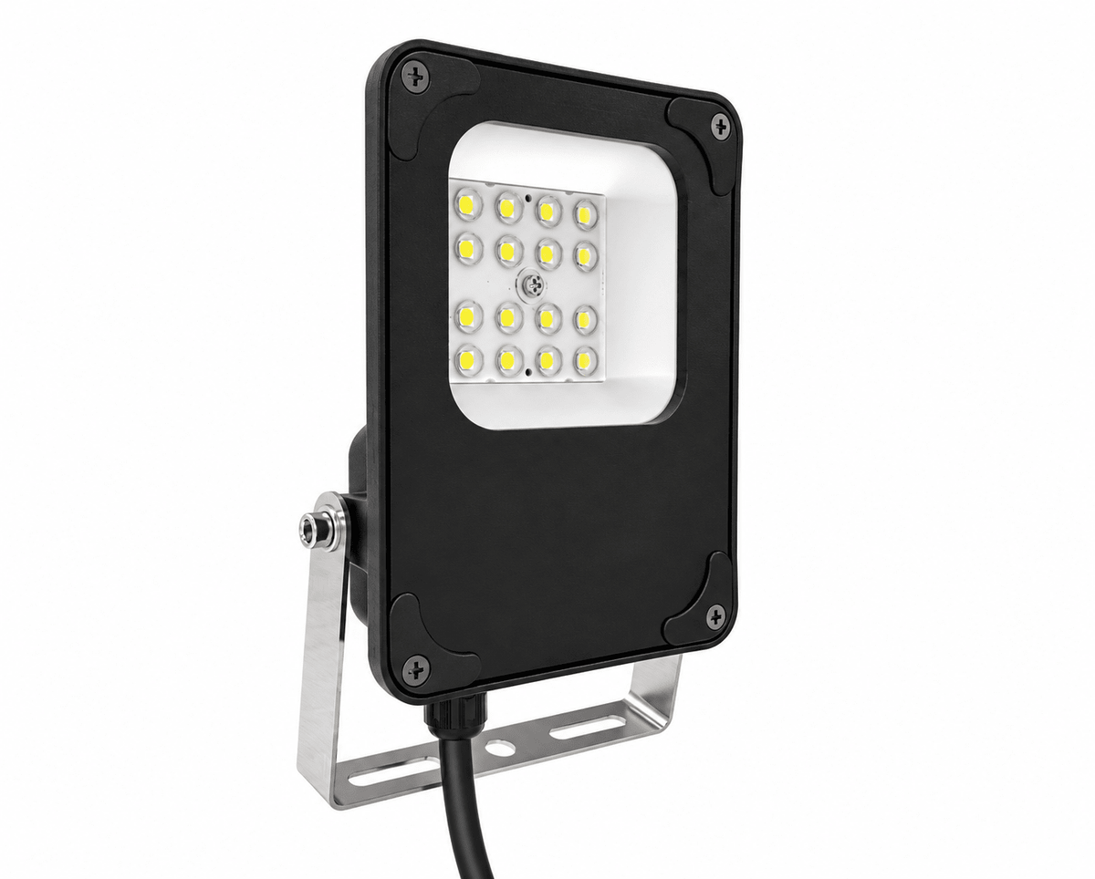 Black floodlight with a rectangular design, featuring multiple LED bulbs and a metal mounting bracket.