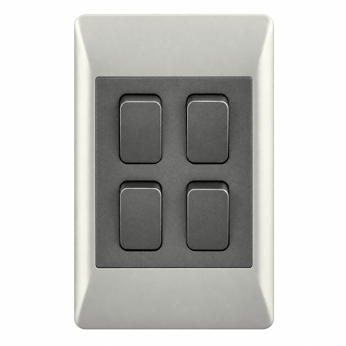 A silver 4-lever switch with four rectangular black buttons arranged in a 2x2 grid on a light background.